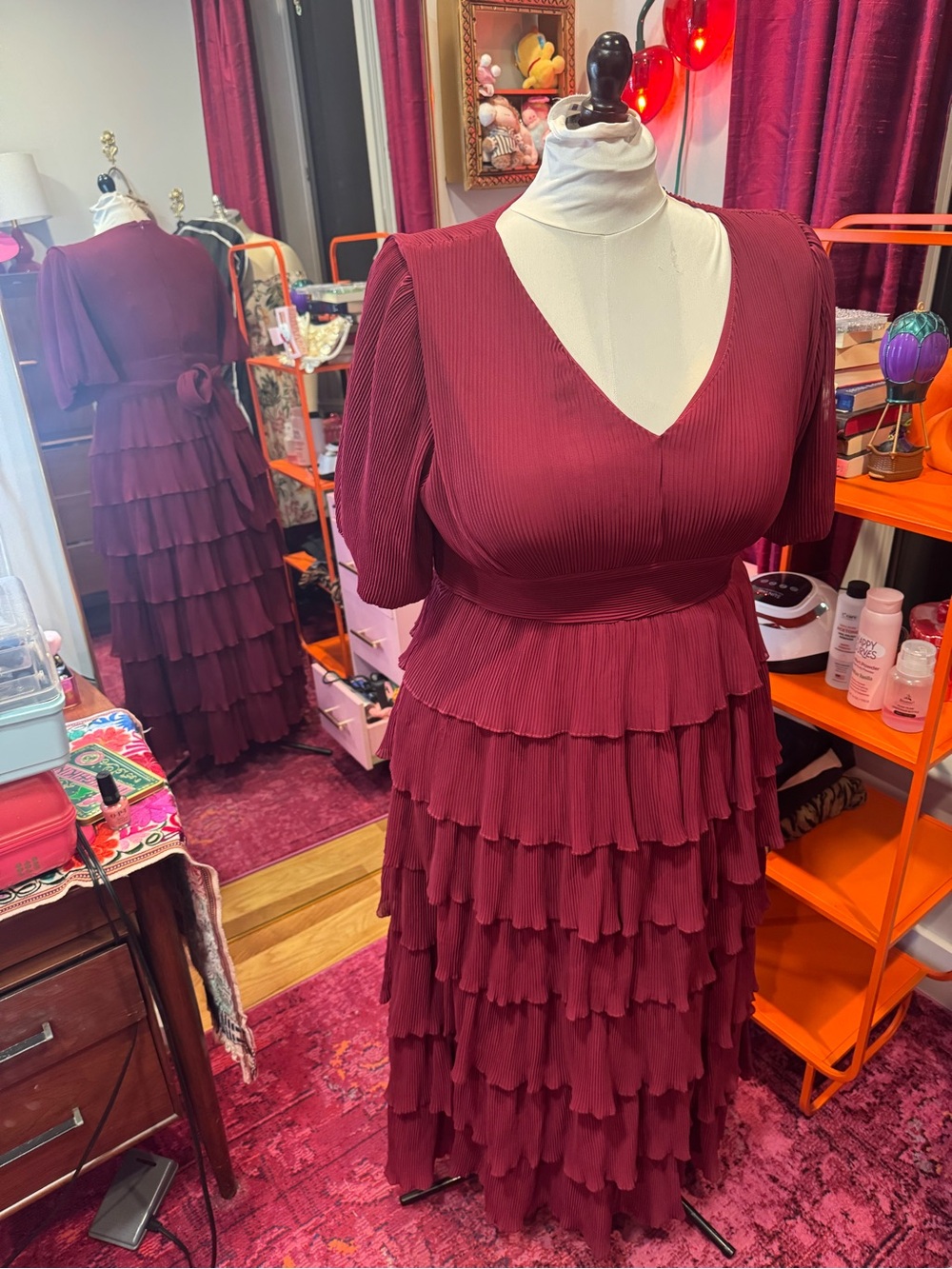 Women's Burgundy Tiered Ruffle Dress